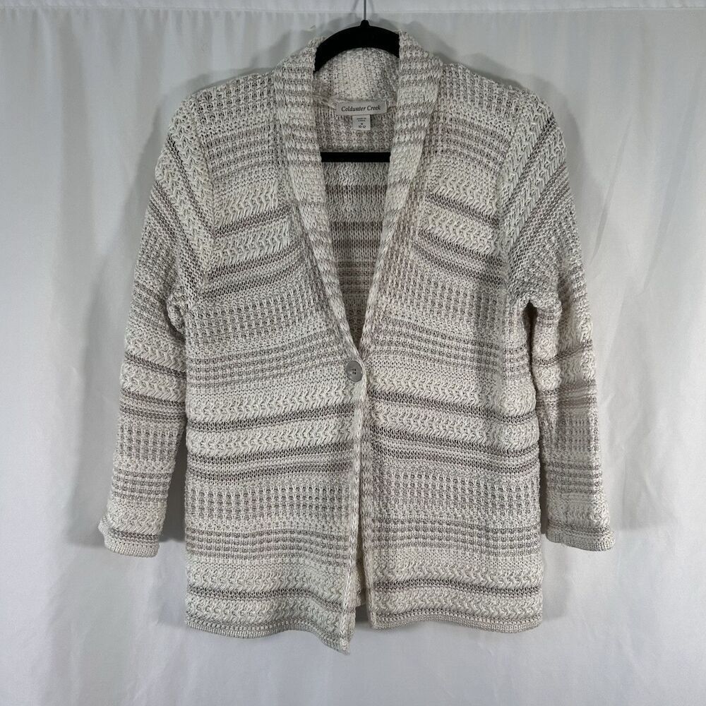 Coldwater Creek Cardigan Women's Medium White Knit Single Button Long Sleeve Cot